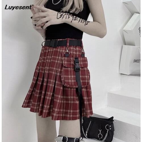 Red Plaid Jk Girl Cargo Mini Skirt Summer Gothic Pleated Harajuku Lady Midi Skirts Belt Detachable Pocket Lining Fashion Clothes