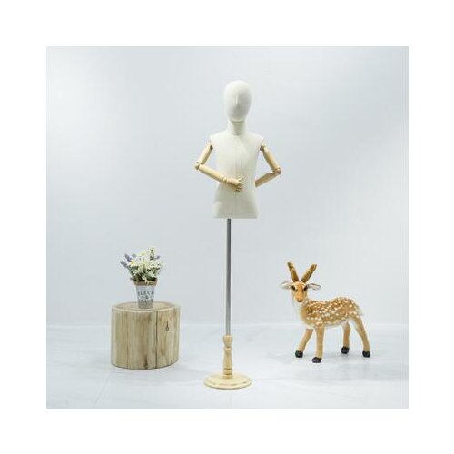 3-4Year Children sewing Mannequin Body Half-Style Models Props,Clothing White Lince Fabric Wood Disc Base Wood Hand ,1pc D400