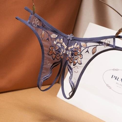 Micro Bikini Panties Crotchless Thongs Women Lingeries Flower Embroidery Briefs See-through Lace G-string Hollow Out Underwear