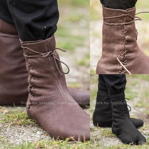 Medieval Carnival Men Knight Prince Lace Up Leather Boots Women Dance Stage Elf Bandage Single Flats Shoes Retro Cosplay Costume