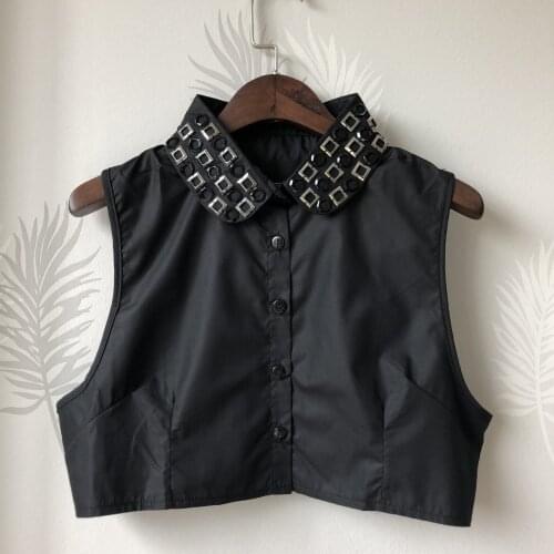 Women Cardigan Button Sweater Shirt Alloy Rhinestone Crystal Bead Fake Collar False Detachable Collar Cotton Lapel Blouse Tops