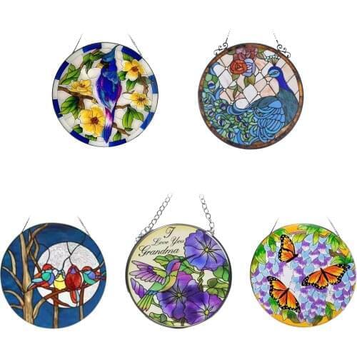Round Iron Art Stained Glass Bird Flower Wall Decor Colorful Butterfly Wall Art Hanging Ornament Home Decoration With Chain