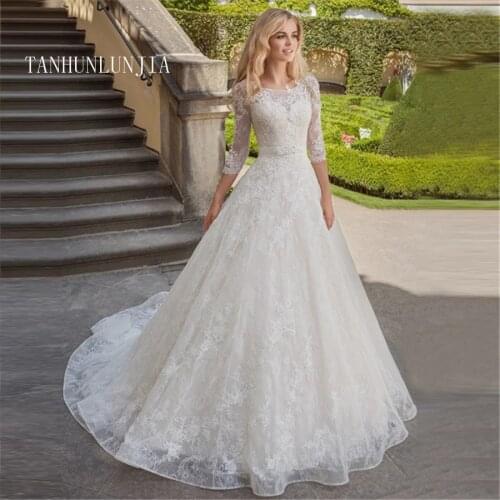 Charming Lace Wedding Dress with Sleeves Scoop Neck A-line Princess Bridal Gowns Robe de Mariage Bride Dress Sashes