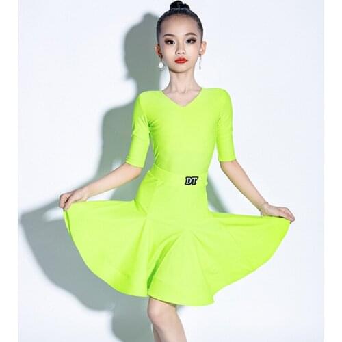 Latin Dance Dress Girls Clothes Fluorescent Green Competition Costume Girls Set Salsa Dance Outfit Summer Tango Dancewear JL3125