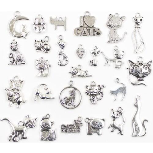 30pcs Charms I Love Heart Cat Person Friends Antique Silver Color Mixed Pendants DIY Findings Tibetan Makings Jewelry Craft