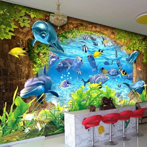 Underwater World Ocean Dolphin Fish Custom 3D Photo Wallpaper For Kids Room Bedroom Walls Kindergarten Cartoon Decoration Mural
