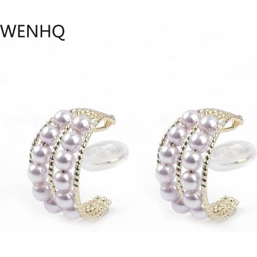 WENHQ Korean Japan Style Pearl C-shaped Half Circle Clip on Earrings No Pierced Luxury Fashion Gold Color Metal Plating Ear Clip