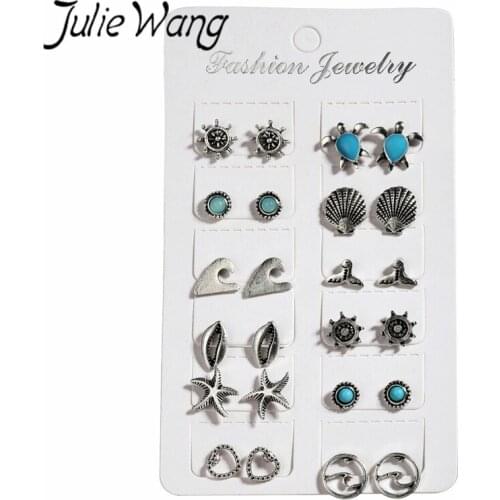 Julie Wang 12 pair Bohemian Style Shell Wave Sea Turtle Sweet Cute Shape Aquarium Souvenir Ocean Party Theme Starfish Earrings