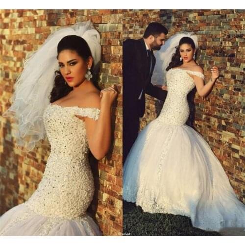 Off the shoulder pearls crystal tulle sweep train wedding gown vintage bridal gowns muslim wedding dress mermaid lace