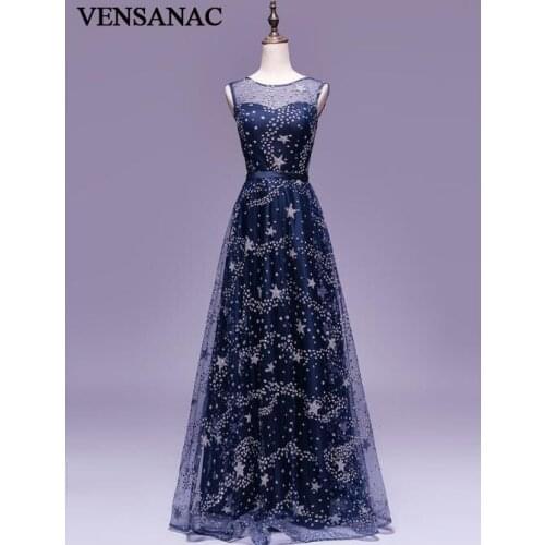 VENSANAC 2018 Elegant O Neck Stars Sequined A Line Long Evening Dresses Party Open Back Lace Sash Prom Gowns