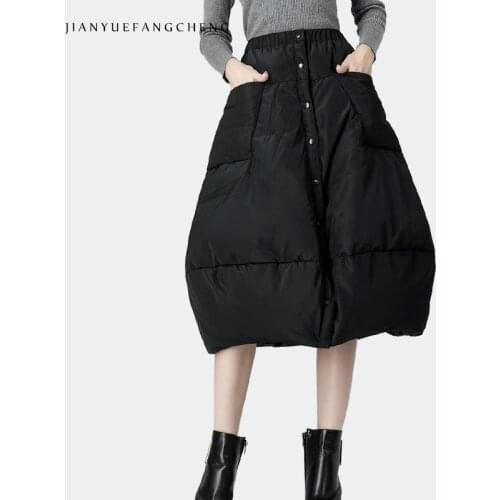 All-Match Autumn Winter Womens Black Duck Down Skirt Thicken Warm High Waist Midi Skirt Unfoldable Long Skirt Slim A Line Jupe