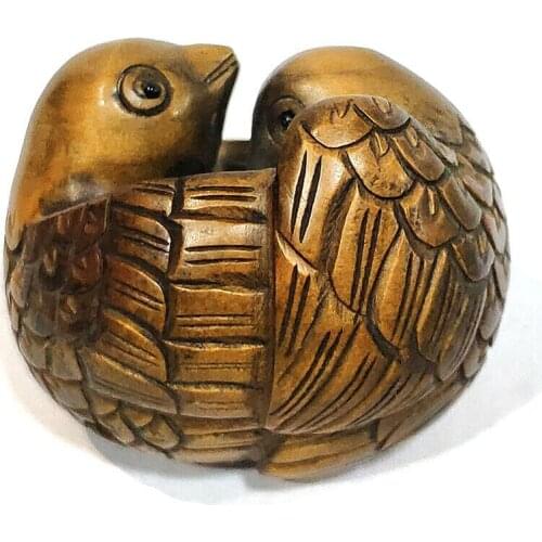 Y7348 - 2" Hand Carved Japanese Boxwood Netsuke Figurine - 2 Birds