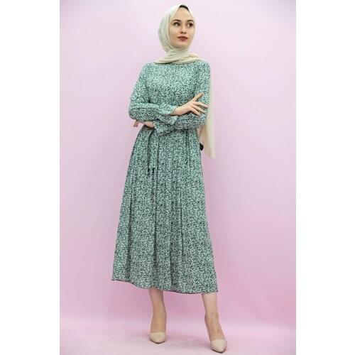 Full Closed Muslim Women Hijab Flowering Belted Hijab Dress Mint