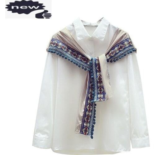 Women Embroidery Cotton Blouse Long Sleeve Harajuku Tassel Office Ladies Elegant White Shirts Turn-Down Collar Button Up Shirt