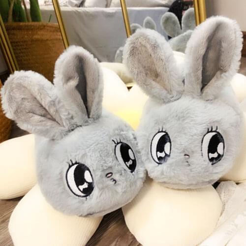 Women Cute Cartoon Big Eyes Rabbit Plush Slippers Lovers Home Thick Bottom Wrap Heel Cotton Shoes Girls Plush Warm Home Slides