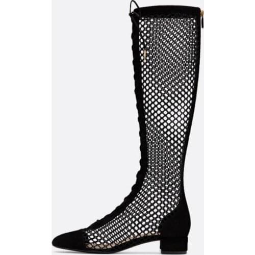 Moraima Snc Sexy Cutouts Thick Heels Woman Boots Round Toe Mesh Grid Lace-up Knee High Boots Summer Fashion High Heel Shoes