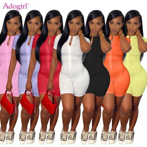 Adogirl Women Solid Casual Jumpsuit Zipper Short Sleeve Playsuit Fashion Tracksuit Female Fitness Skinny Romper Active Onesies