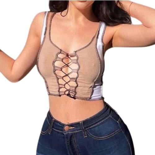 Female Camisole Girls U-Neck Hollow Out Short Vest Sleeveless Crop Tops for Summer Khaki S M L XL