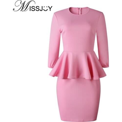 MISSJOY Bodycon Three Quarter Sleeves Party Dresses Women Solid Color Ruffle Peplum Patchwork 2019 Autumn O-Neck Pink Elegant
