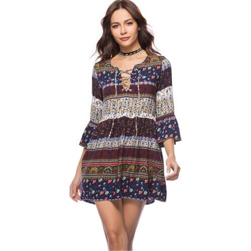 2019 Summer Dress Bohemia Beach Casual Fashion Trendy Temperament Print Large Size Loose Short Sleeve V Neck Women Dress ZW185