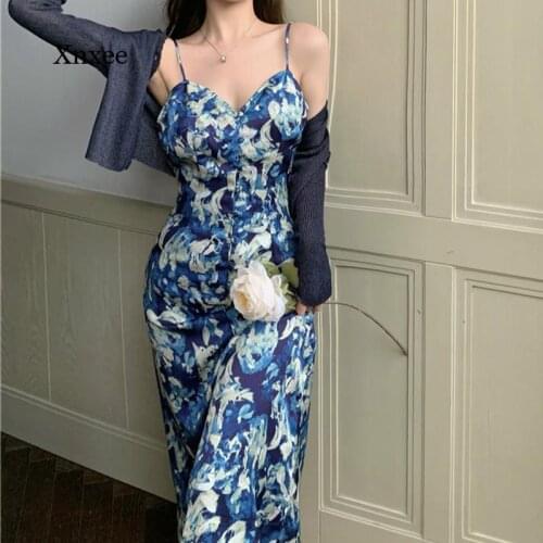 Summer Temperament Suspender Skirt Ladies Fashion Casual Floral Dress Waist French Mid-Length One-Piece Dress