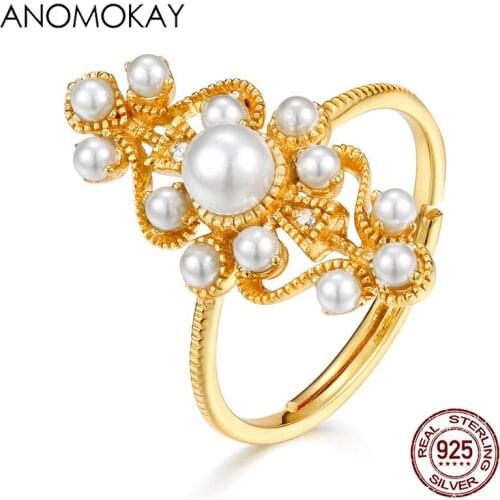 Classic Vintage Palace Flowers Vines Gold Color Rings for Women Lovers Fashion Gift Fine Pearl S925 Silver Rings Luxury Jewelry