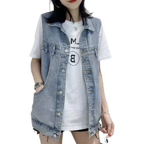 Denim Vests vest Women Slim Sleeveless Korean Style Friends Solid Harajuku Summer Casual Pockets Vintage Single Breasted gilet
