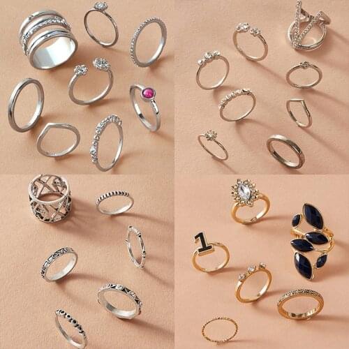 4 Style Ring Set Lady Boho Vintage Silver Color Ring Crystal Flower Leaf Hollow Knuckle Finger Midi Rings Set For Female Gift