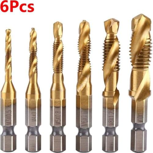 Short 2 In 1 6pcs Compound Tap Drill Bit Hexagon shank dri0ll tap chamfering machine tap m3-m10 Hand tools Screw Tap Bit Set