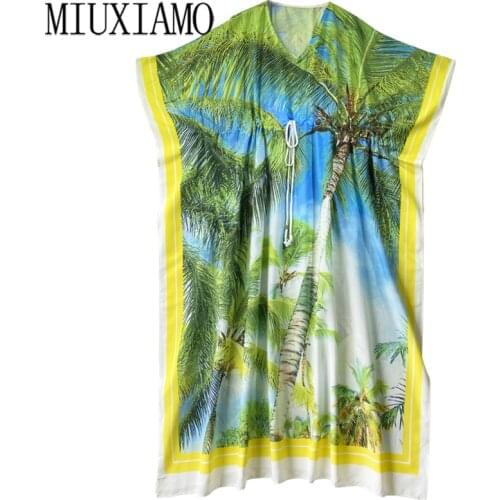 MIUXIMAO 2021 Bohemian Plus Size Dress V-neck Sleeve Maxi Dress Women Silk Floor Length Green Tree Beach Kaftan Dress Belt
