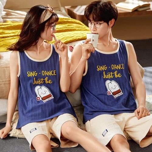 Cartoon Printed Fashionable Lovely Sleepwear Loose Leisure Cotton Cozy Soft Lounge Wear Ulzzang Sleeveless L-3XL Men Pajama Sets