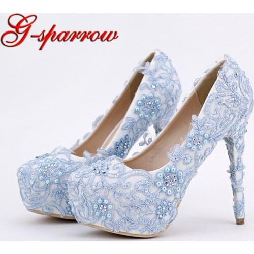 Blue Lace Prom Shoes Handmade Rhinestone Bridal Dress Shoes Platform Formal Shoes 5.5 Inches Comfortable Wedding Party Pumps