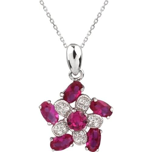 Silver Pendant Necklace 925 Sterling Flower Windmill Women Summer Red CZ 18inch Cable Link Chain Gift for Girlfriend NC7014