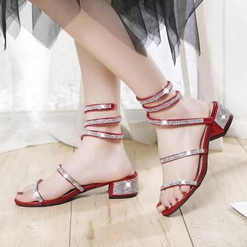 2021 summer new fairy thick heel sandals women fashion rhinestone snake-shaped winding square toe open toe high heels