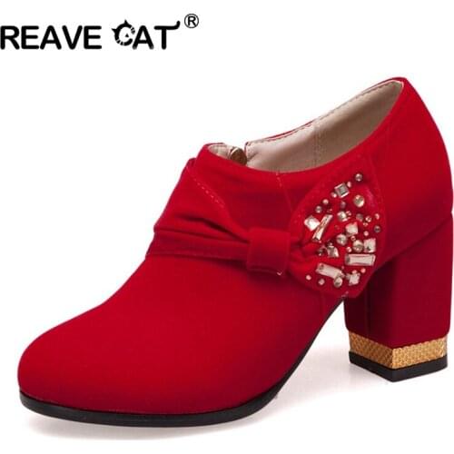 REAVE CAT High womens boots Ankle boots Round toe Bowtie Rhinestone Zipper 2022 Spring Autumn Flock Comfortable Simple S2411