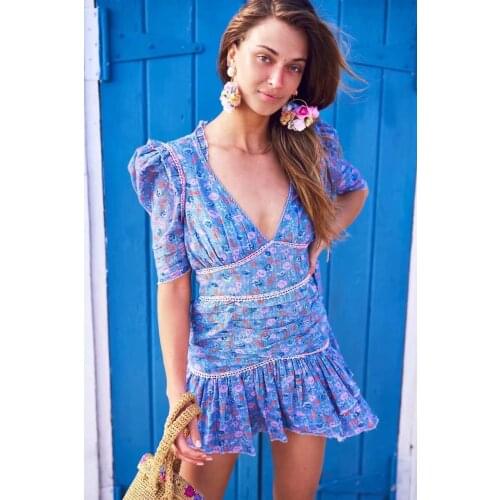2021 Summer Blue Floral Ruffle Dress Women V-neck New Vocation Dress Vintage Chic Party Dress Beach Mini Sexy Dress