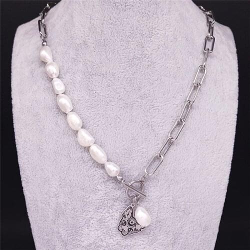 2021 Witchcraft Moon Hairless Cat Stainless Steel Freshwater Pearls Silver Color Necklaces Women Jewelry bijoux femme N3710S02