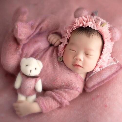 4 Pcs/Set Photo Shooting Clothing Outfits Baby Infants Hat Pillow Romper Jumpsuit Bear Doll Newborn Photography Props 10 Colors