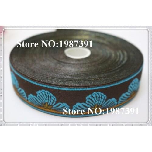 5yards/lots Woven Jacquard Ribbon 3cm brown background blue flowers pattern LS-5448