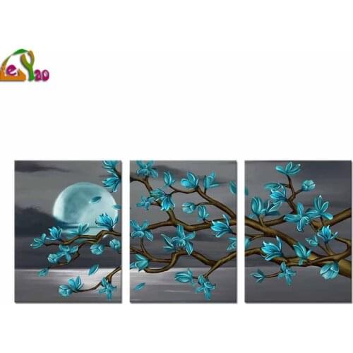 Flowers Diamond Painting Beautiful Blue Flowers Wall Art Poster 3 Pieces Full Moon Diamond Embroidery Modern Home Decor Picture