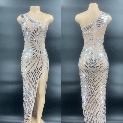 Shining Silver Sequins Dress Sleeveless Slanted Shoulder Slit Dress Womens Birthday Celebrate Prom Evening Stage Dresses XS2285