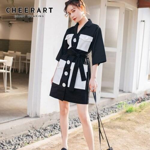 Cheerart V Neck Black Summer Dress Women Lace Up Button Down Big Pocket Color Block Mini Dress High Street Fashion 2019