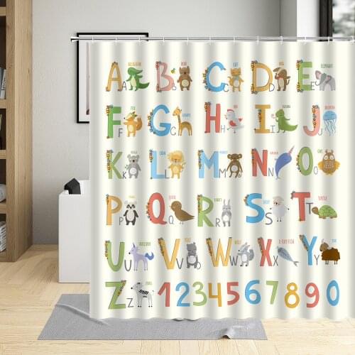Child Cartoon Bathroom Decor Curtains Kids Baby English Number Alphabet Animal Learning Shower Curtain Home Decoration With Hook