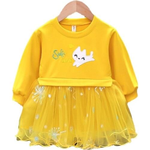 Childrens Long-sleeved Dress Childrens Children 2021 Autumn New Gauze Dress Sweet Embroidered Rabbit Style Lovely Dress