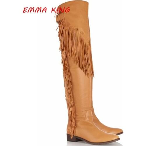 Brown /Black Fringe Design Women Low Heels Knight Boots Round Toe Chunky Heels Sexy Long Boots Side Zip Fashion Leather Boots