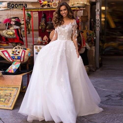 Booma 2020 Elegant Lace Appliques Beach Wedding Dresses with Long Sleeve Vintage Shiny Tulle Boho Princess Wedding Party Gowns