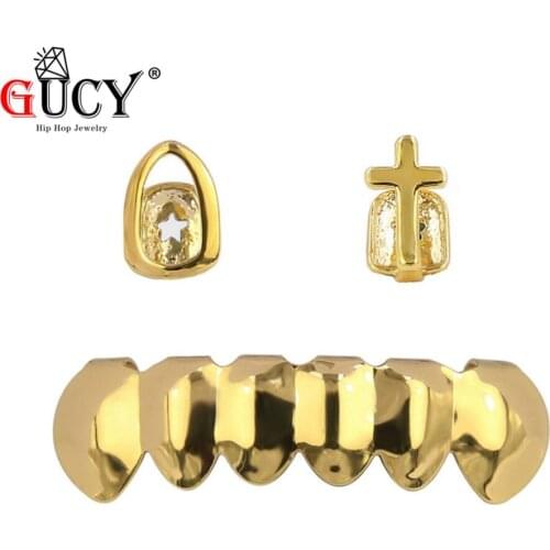 GUCY Gold Silver Plated Hollow&Cross Single Top Hip Hop Grillz Classic Bottom Dental Grills Vampire Teeth Grillz Costume Party