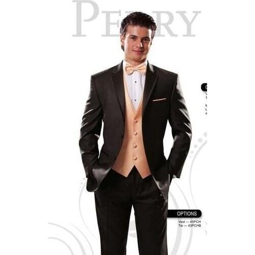 Custom Made Mens Suits Groomsmen Notch Lapel Groom Tuxedos Brown Wedding Best Man Suit (Jacket+Pants+Tie+Vest) A25