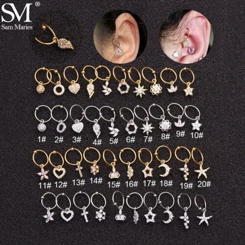 1Pc Stainless Steel Cartilage Ear Hoop Mini Cubic Zirconia Flower Heart Moon Charm Pendant Helix Piercing Ear Body Jewelry Gift