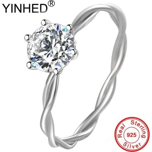 YINHED Genuine 925 Sterling Silver Ring Fine Jewelry Twisted Vine 1.0 Carat Lab Diamond Zirconia Wedding Rings for Women ZR703